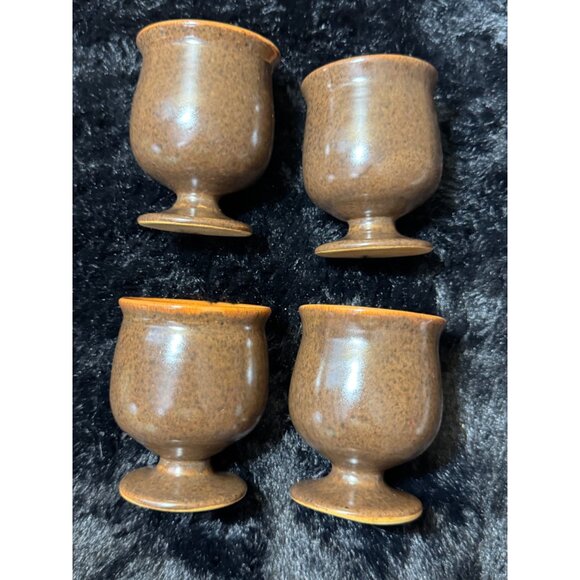 Vintage Ceramic Goblets Set Of 4 Brown & Orange Glazed Pedestal Cups - Picture 2 of 8